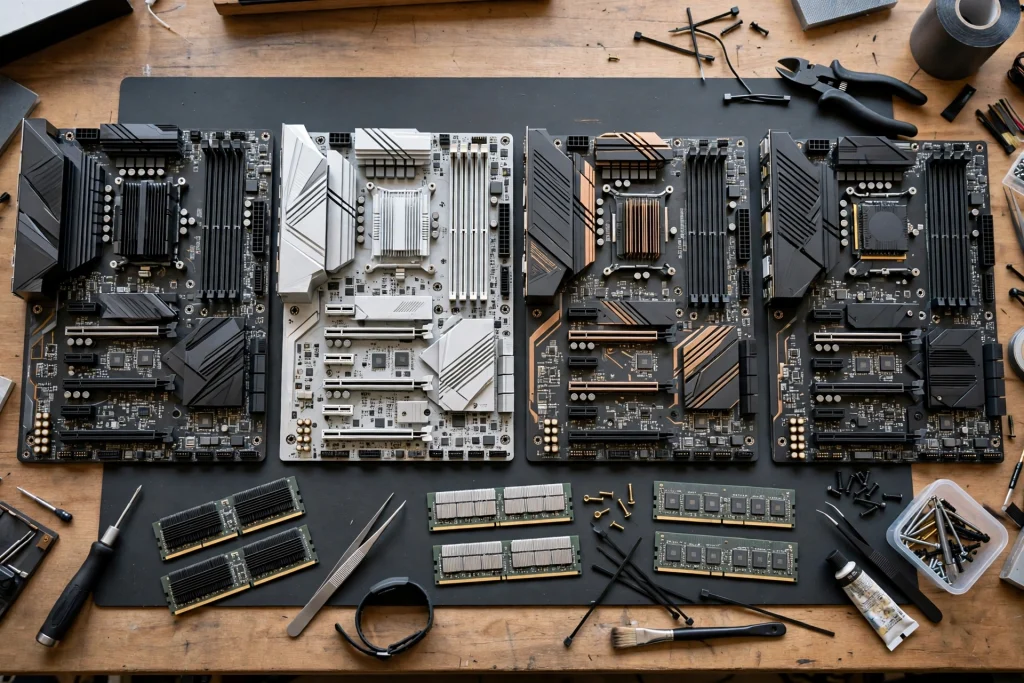 Several gaming motherboards laid out side by side on a workbench representing our top picks for the best motherboards for i7-10700K.