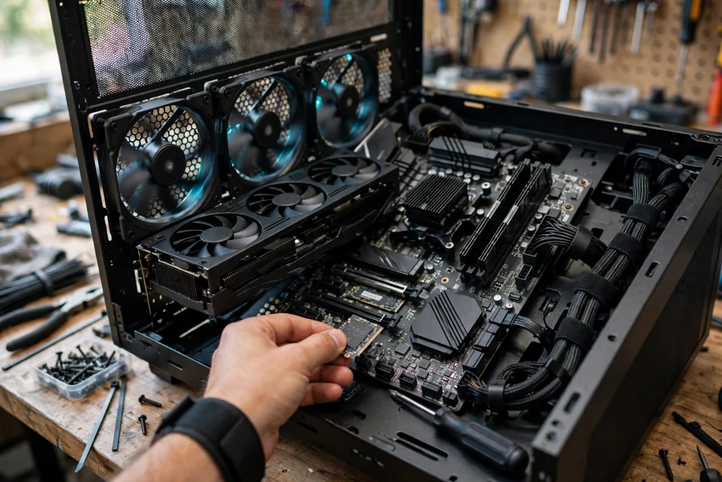 An open gaming PC case being assembled on a desk shows the kind of detailed build featured in this best PC cases compilation.