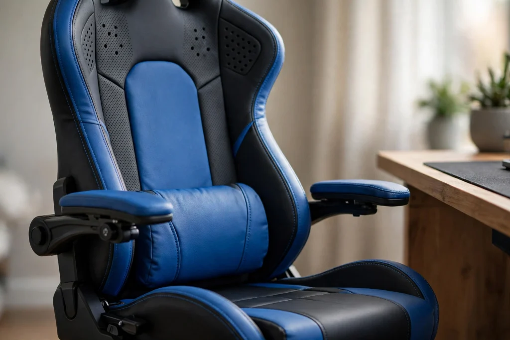 Close-up of a blue and black racing-style gaming chair with lumbar support showing what type of gaming chair Ninja uses for long streaming sessions.