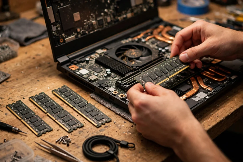 Hands installing a RAM stick into an open laptop with several modules laid out nearby to compare how many GB of RAM you need