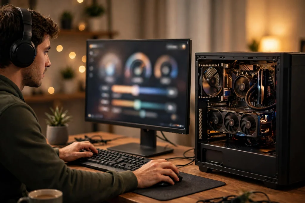 A gamer at a desk tuning settings to underclock a GPU installed in an open PC case beside the monitor