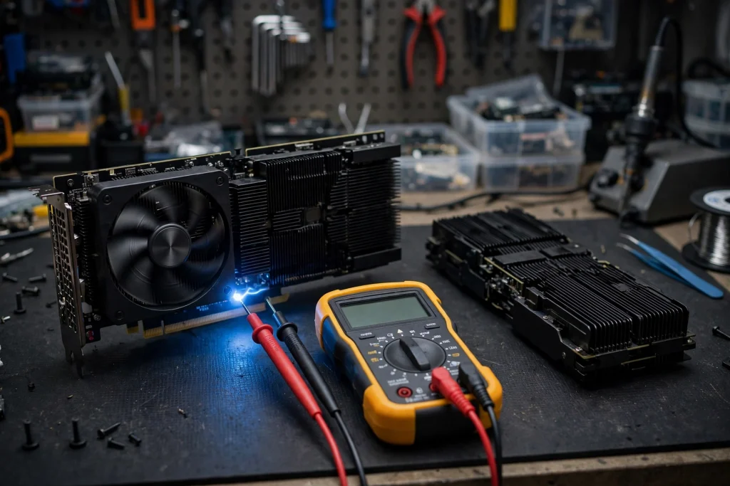 Two graphics cards on a workbench with a multimeter illustrating that a GPU underclock is not the same as a GPU undervolt