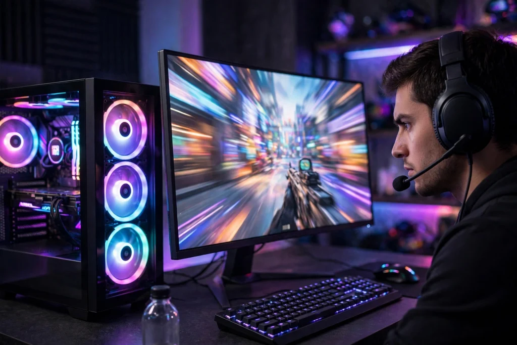 A competitive esports player in a headset playing a fast shooter at high frame rates, showing the best FPS for games in action.