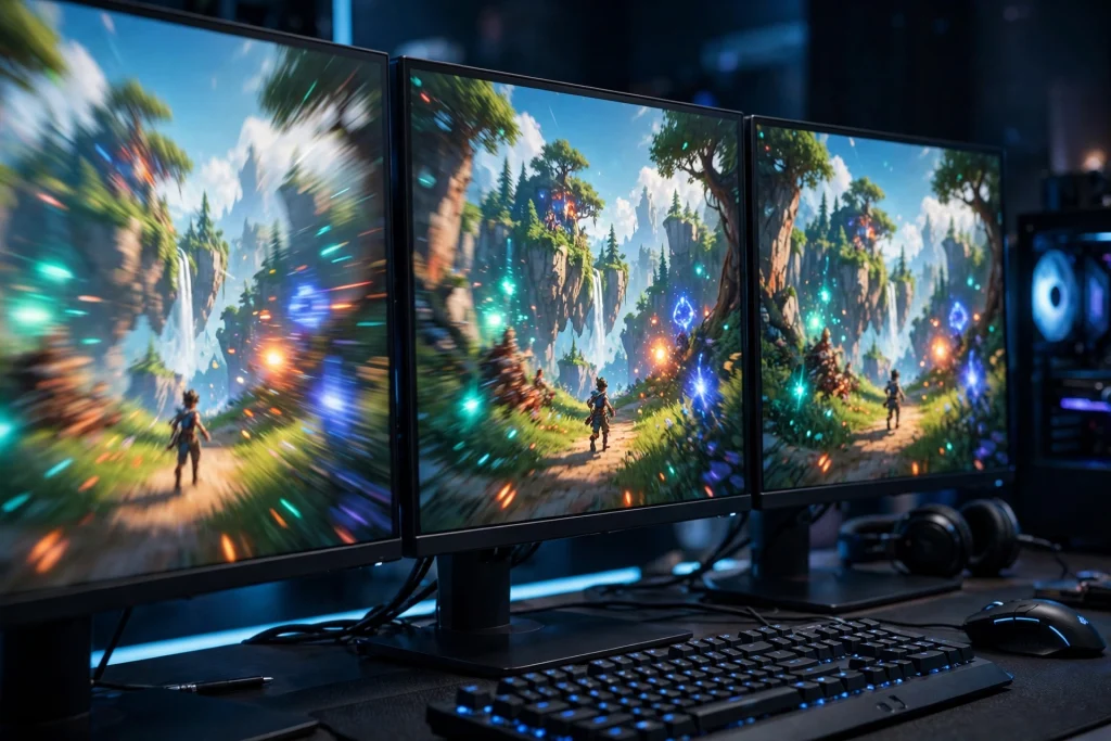 Three gaming monitors side by side displaying the same colorful game scene with different motion smoothness to explain what monitor Hz rate means.