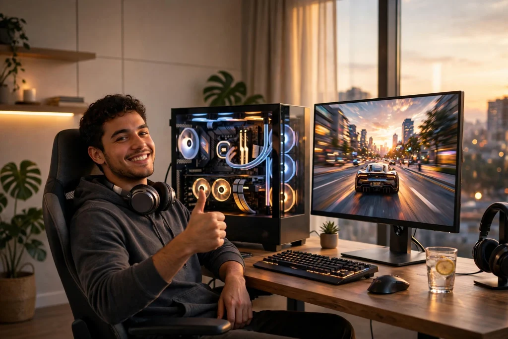A relaxed gamer giving a thumbs up beside an upgraded gaming PC with smooth gameplay on screen, summing up the bottom line on ideal frame rates.