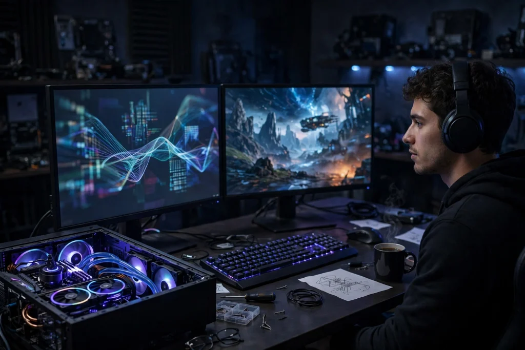 A dual-monitor programmer setup with an open PC case illustrating Linux as a customizable option for gaming