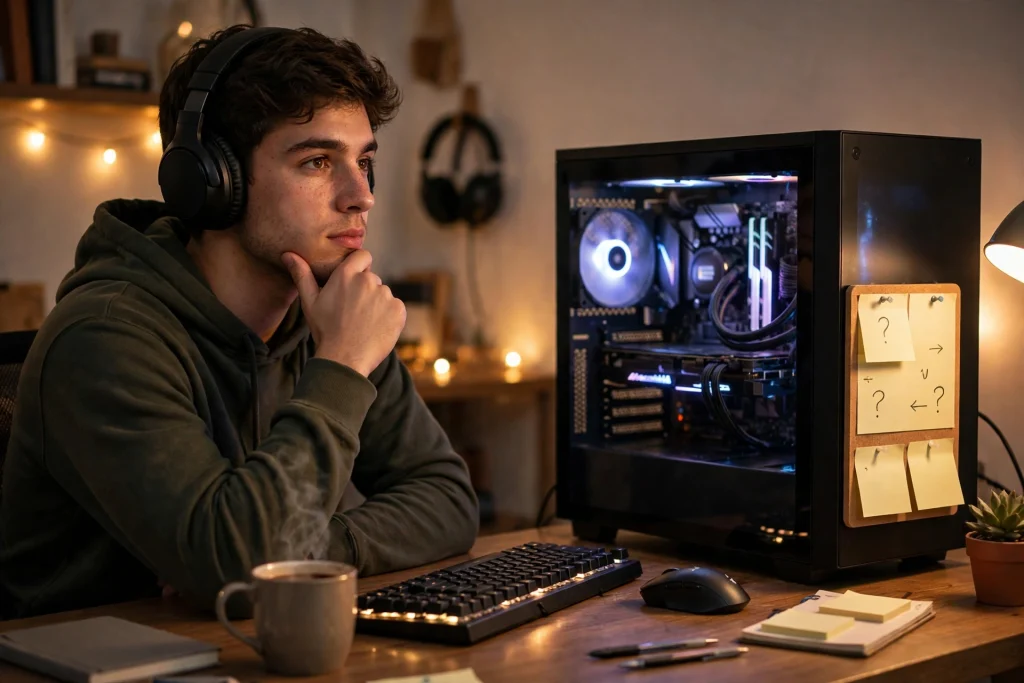 A thoughtful gamer wearing headphones at his PC while considering frequently asked questions about gaming operating systems