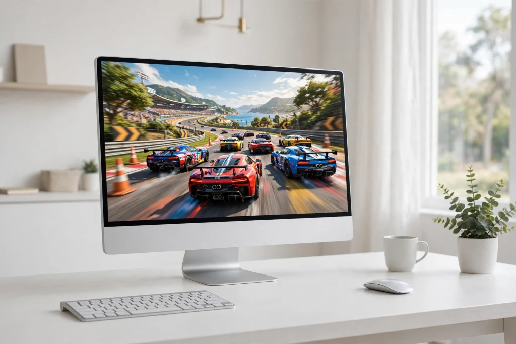 A sleek all-in-one computer on a clean desk showing colorful gaming graphics for the Mac OS section on gaming PCs
