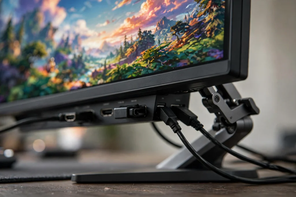 A close-up of a gaming monitor showing its product highlights including thin bezels, an adjustable stand and vivid screen detail.
