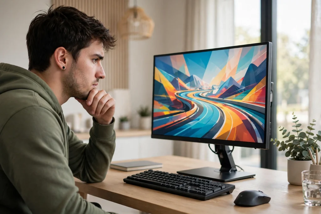 A gamer evaluating whether BenQ monitors are good by closely inspecting a sharp colorful gaming display on a clean desk.