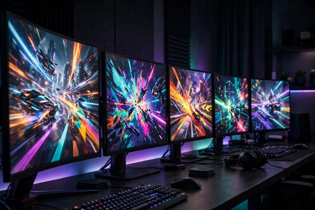 A lineup of premium flat and curved gaming displays showcasing the best monitors with 1440p 240Hz specs to buy today in a softly lit gaming room.
