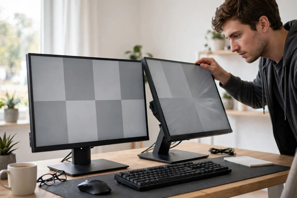 A gamer comparing two monitors side by side on a desk while following quick shopping tips to buy the best 1440p 240Hz monitor for size, panel type and response time.