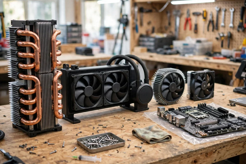 A row of tower air and liquid CPU coolers compared on a workbench shows the best CPU coolers for i5-11600K options side by side.