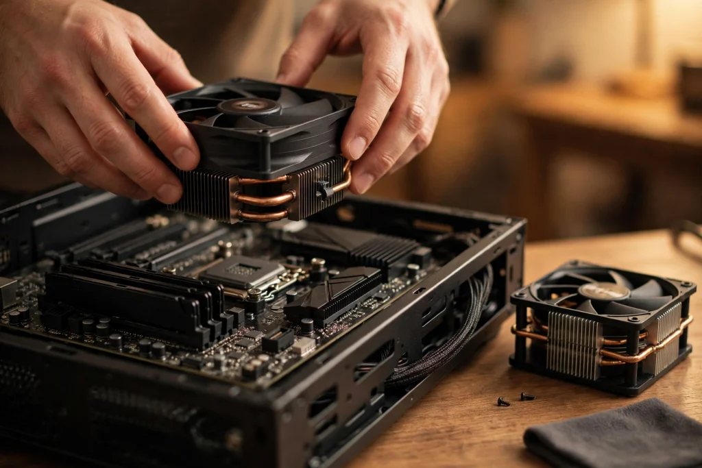 Hands checking cooler clearance above a motherboard illustrate quick shopping tips for buying the best CPU coolers for i5-11600K.