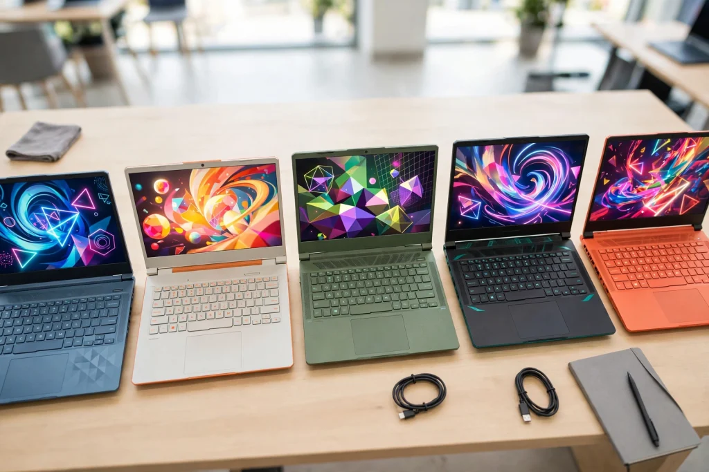 A lineup of budget gaming laptops side by side showing the list of best gaming laptops under 600 to compare.