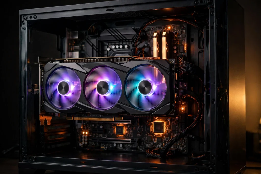 A powerful graphics card glowing with RGB light inside an open gaming PC case, showcasing one of the best graphics cards in 2023