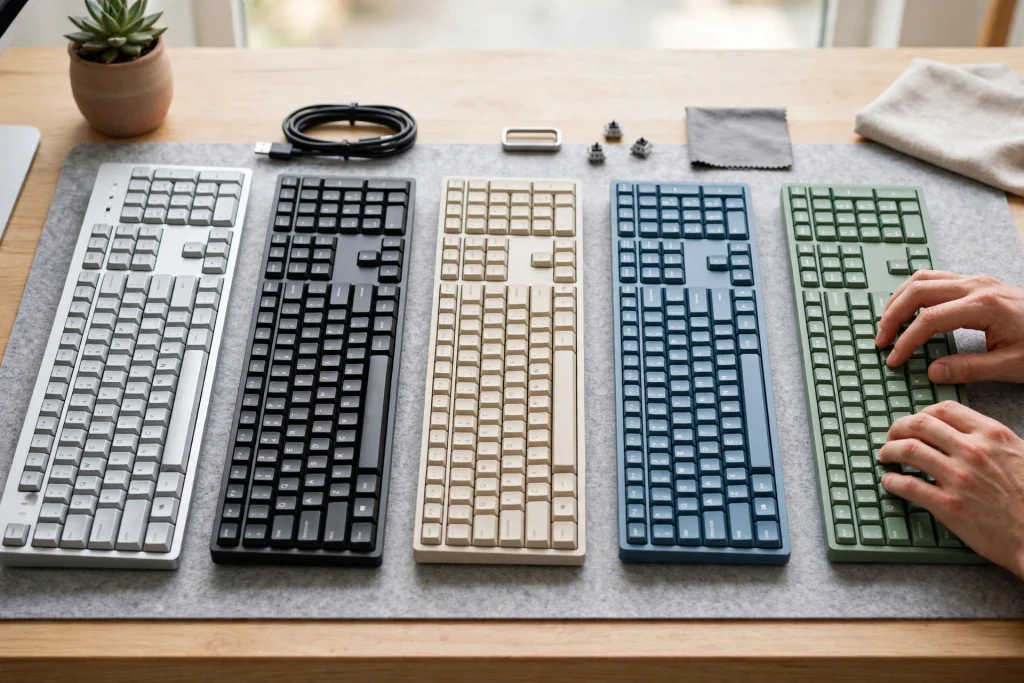 A lineup of slim keyboards on a bright desk illustrates the best low-profile mechanical keyboards in different sizes and colors for comparison.