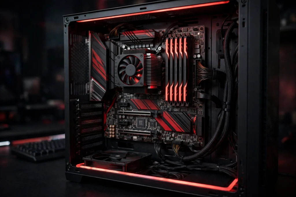 A red and black gaming motherboard with a chipset fan and RGB lighting installed in a case, illustrating the MSI MPG X570 Gaming Plus for Ryzen 9 3900X gamers.