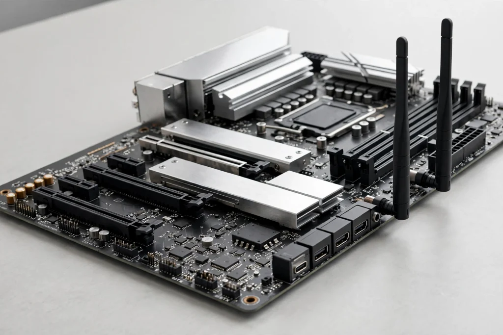 A sleek black ATX motherboard with silver thermal guards and Wi-Fi antennas representing the Gigabyte X570 Aorus Elite pick for Ryzen 9 3900X builds.