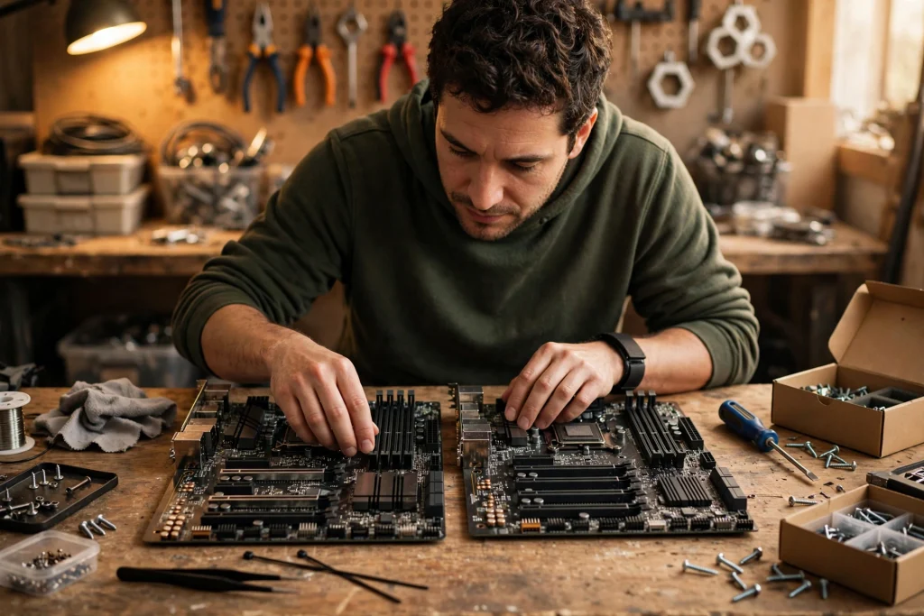 A builder comparing two motherboards side by side on a workbench while following a buying guideline for choosing the best motherboard for Ryzen 9 3900X.