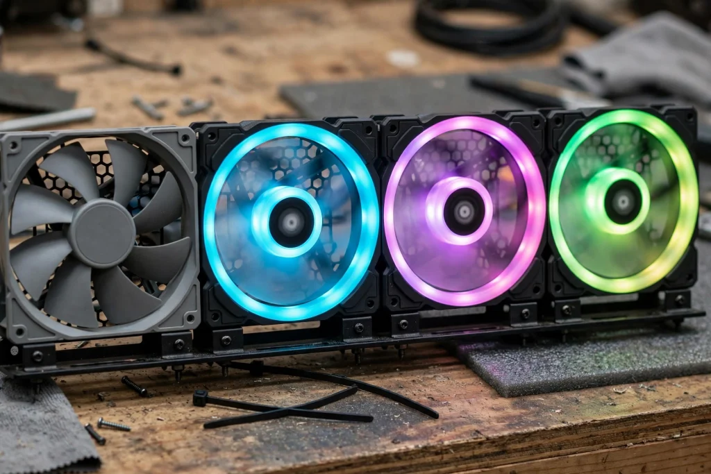 A comparison lineup of the best PC fans including a quiet gray model and colorful RGB fans with glowing rings on a workbench.