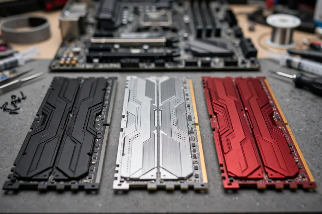 Several DDR4 gaming RAM kits with different heat spreaders laid out side by side on a review bench in these best RAM for Ryzen 5 3600X reviews