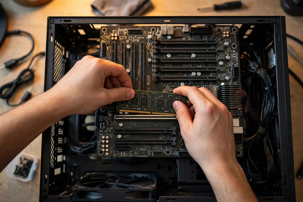 Hands carefully installing a DDR4 memory stick into a motherboard slot as shown in this buying guide for the best RAM for Ryzen 5 3600X