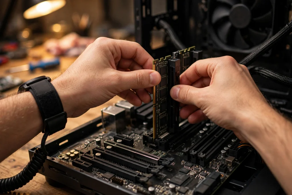 Hands carefully installing a DDR4 stick while weighing the key points to consider when buying RAM for a Ryzen 5 5600X processor