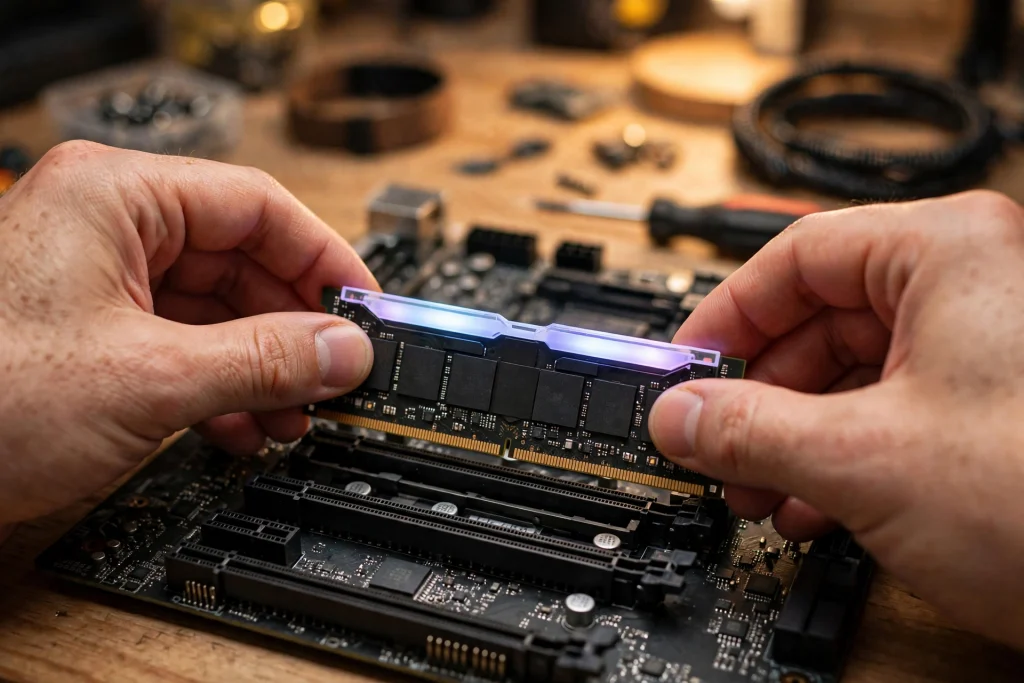 Hands installing a glowing memory module illustrating the recommended RAMs list for Ryzen 7 1800x inside a gaming PC.