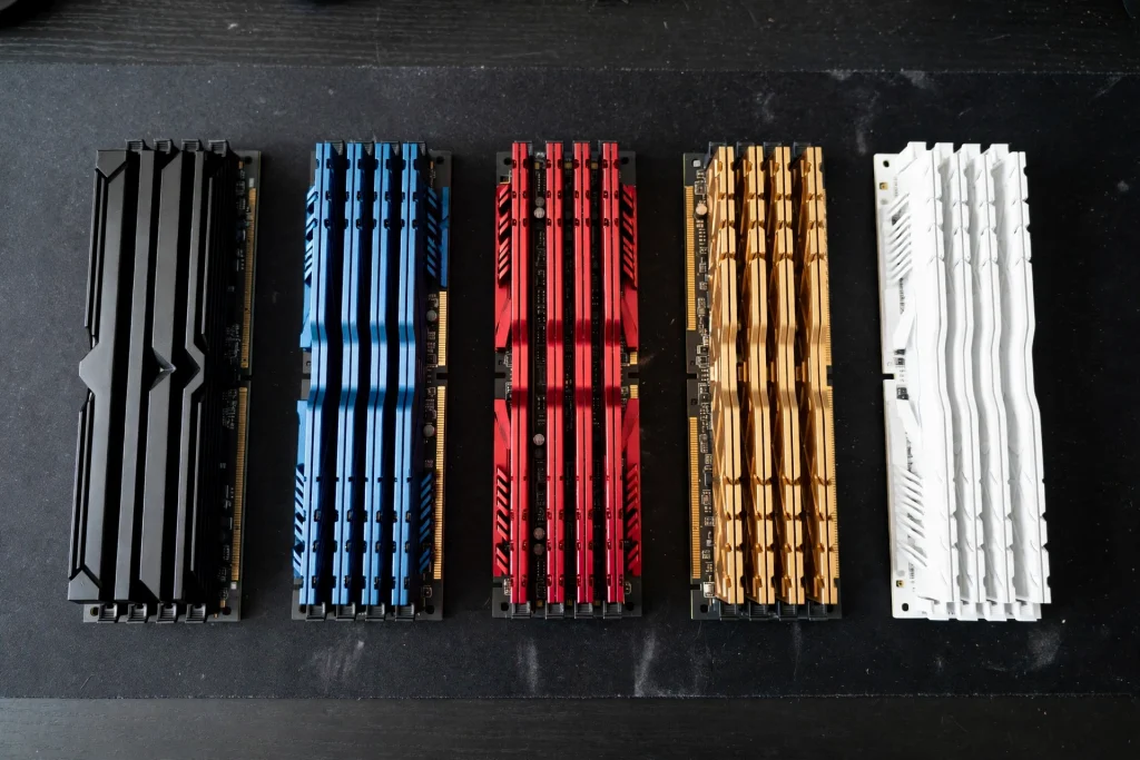 Several DDR4 memory kits laid out in a row showcasing the best RAM for Ryzen 7 1800x in 2022 list options for gamers to compare.