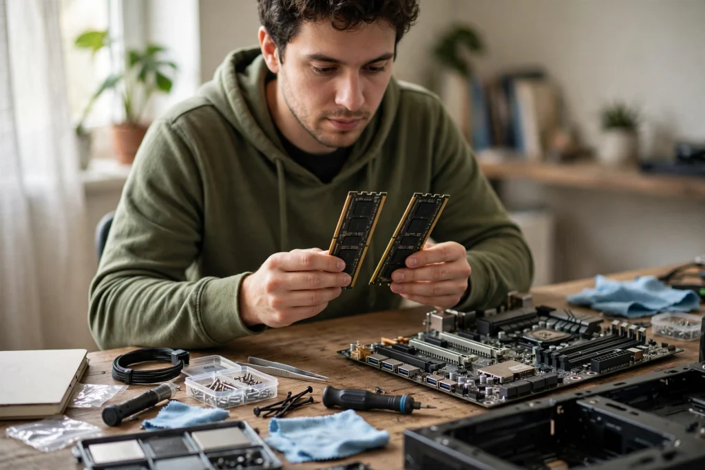 A builder comparing two RAM modules beside a motherboard following a buying guide for best RAM for Ryzen 7 1800x.