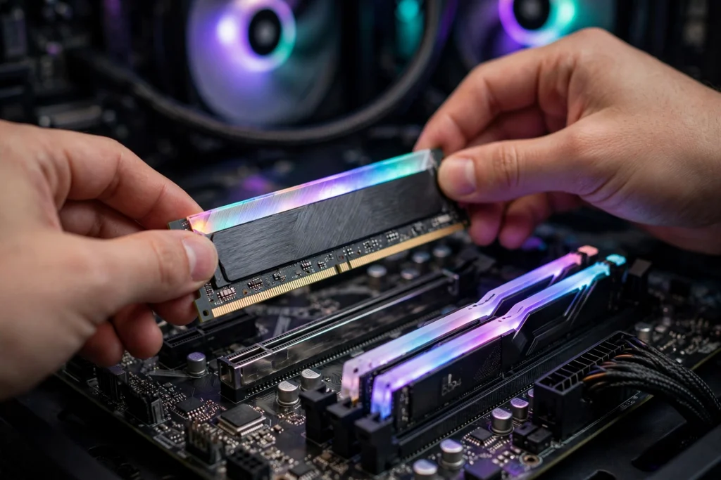 Close-up of hands installing glowing RGB DDR4 memory sticks into a motherboard as part of choosing the best RAM for Ryzen 7 5800X