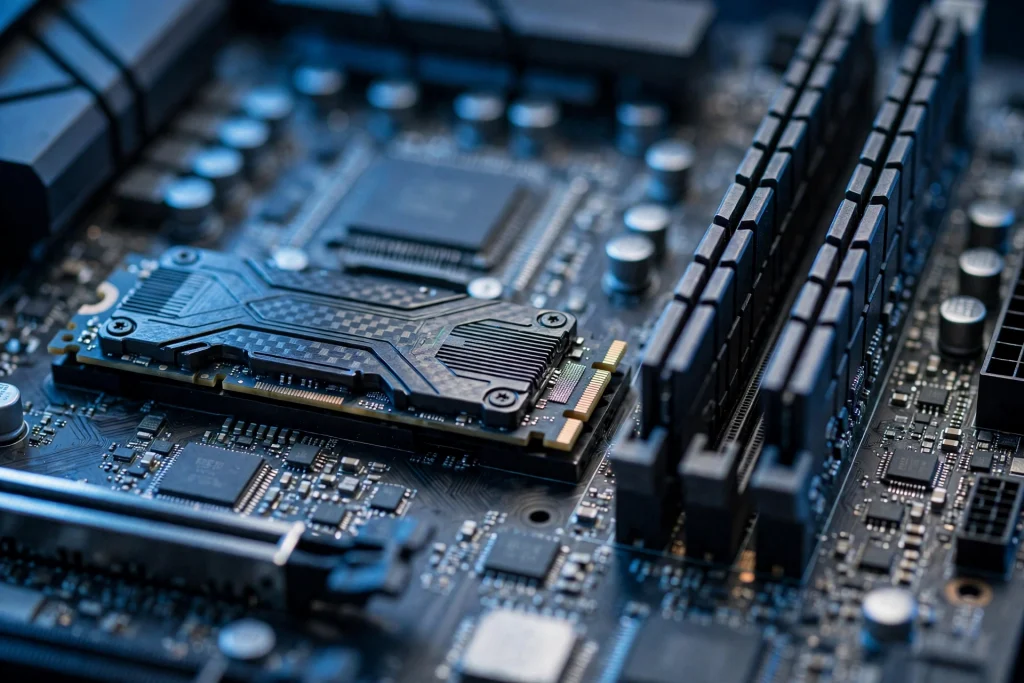 Close-up of a fast M.2 NVMe SSD installed beside RAM slots illustrating the best RAM storage for Ryzen 9 5900X builds.