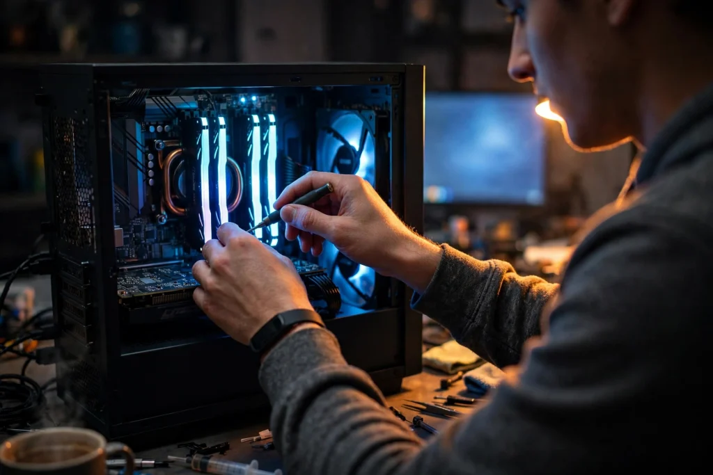 A PC enthusiast tuning an open gaming rig with glowing memory modules while chasing the best RAM speed for Ryzen 9 5900X.