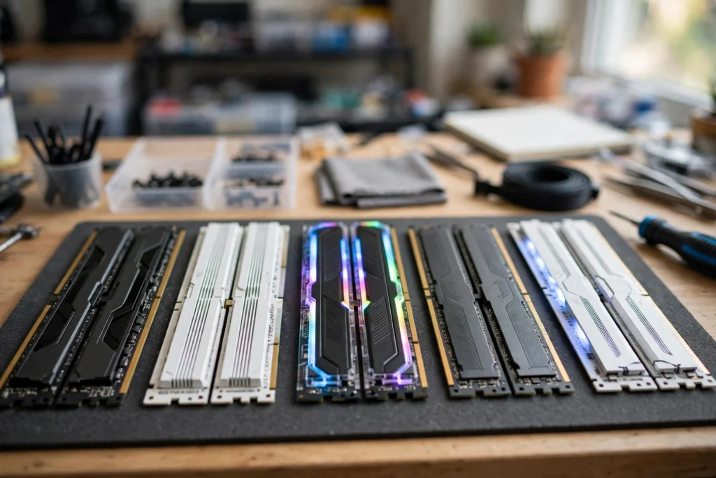 A row of DDR4 memory kits lined up on a workbench showing the recommended list of best RAM for Ryzen 9 5900X options side by side.