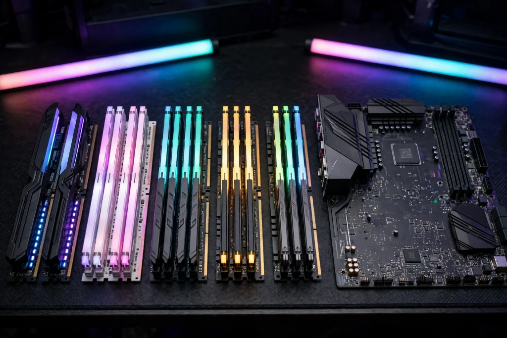 A row of RGB DDR4 memory kits laid out for comparison showing the best RAM for Ryzen 9 5950X options