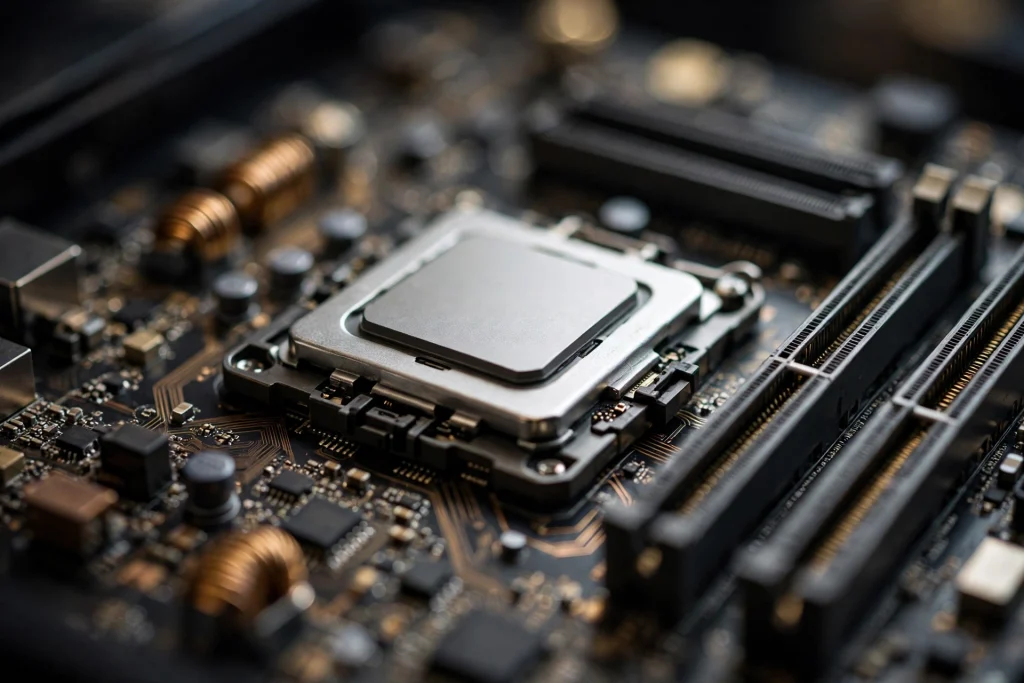 Close-up of a powerful CPU on a motherboard highlighting the features of best RAM for Ryzen 9 5950X pairings