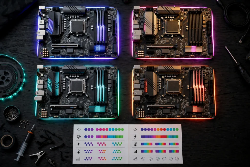 Several colorful gaming motherboards laid out together showing the list of the best RGB motherboards in 2023 with glowing lights