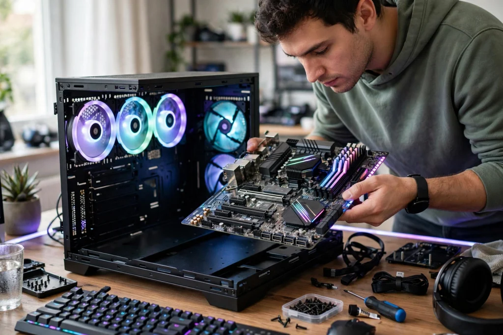 A builder carefully installing a motherboard while considering things to take care of while buying the best RGB motherboards including slots and cooling