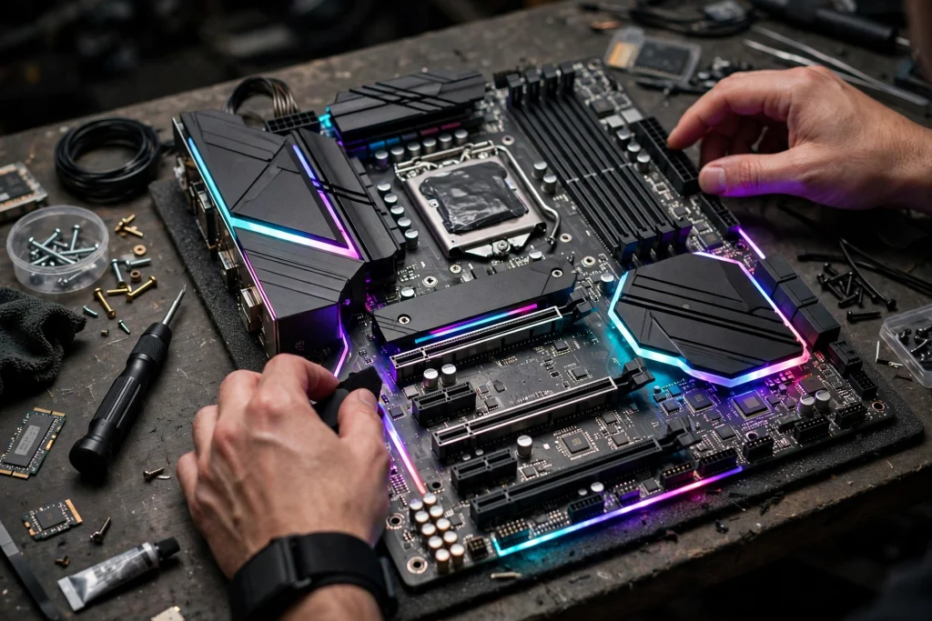 Close-up review of a premium motherboard on a workbench highlighting detailed best RGB motherboards reviews 2023 with illuminated heatsinks