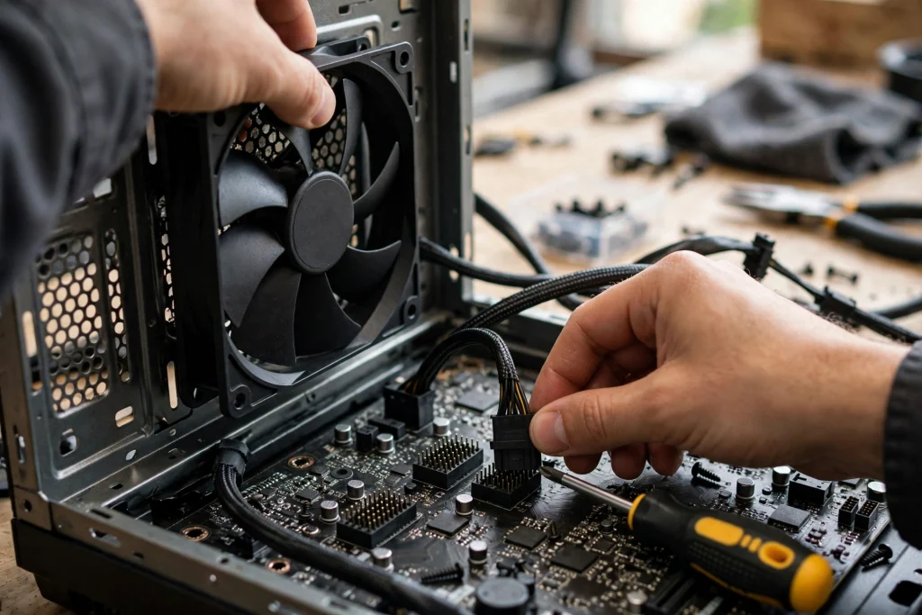 Hands following the steps to install and connect a case fan inside an open gaming PC.