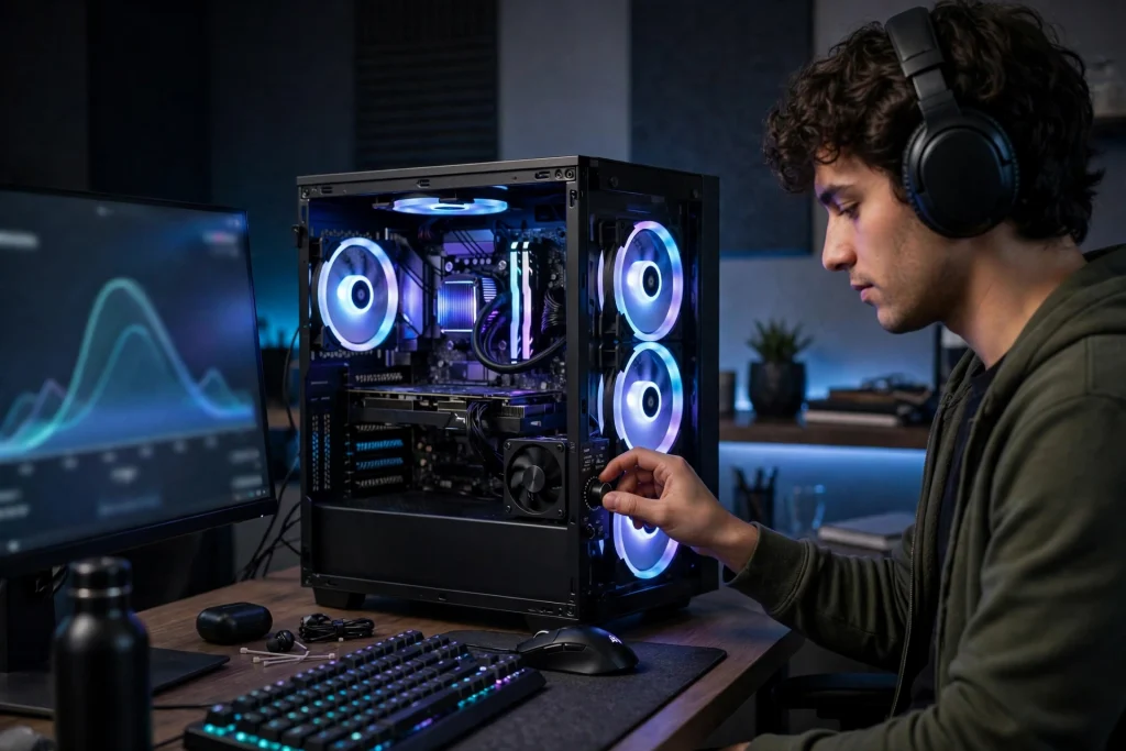 A gamer adjusting settings to control case fan speed on a PC with glowing cooling fans beside the monitor.