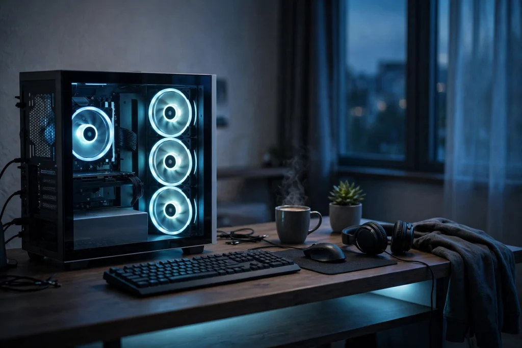 A calm gaming setup with quietly running case fans bringing the final thoughts on fan control to a cool finish.