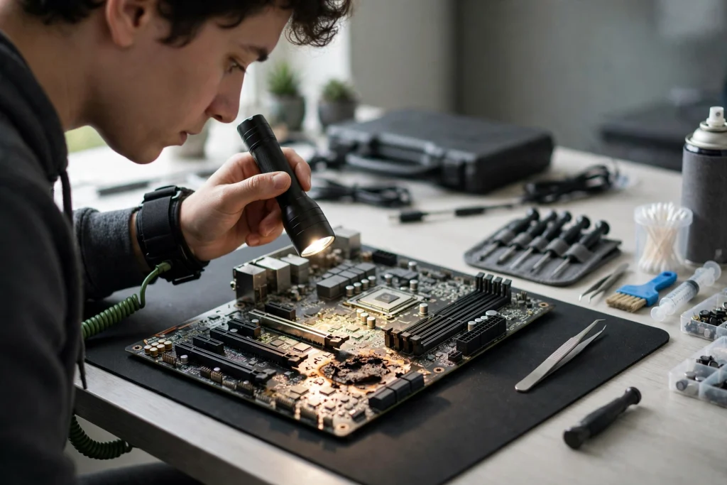 A person carefully inspecting a gaming PC motherboard with a flashlight to save a motherboard from being dead by spotting damage early