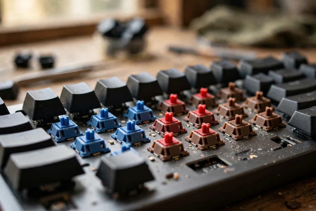 Close-up of mechanical keyboard switches exposed beneath removed keycaps showing how mechanical keyboards work