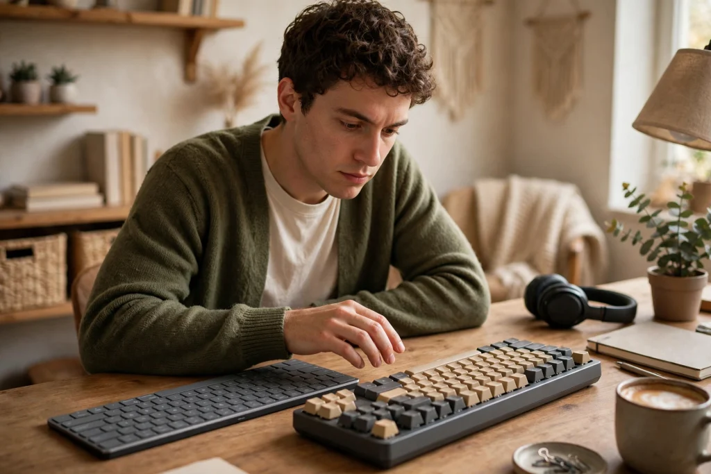 Person comparing a membrane and a mechanical keyboard side by side to decide the bottom line choice