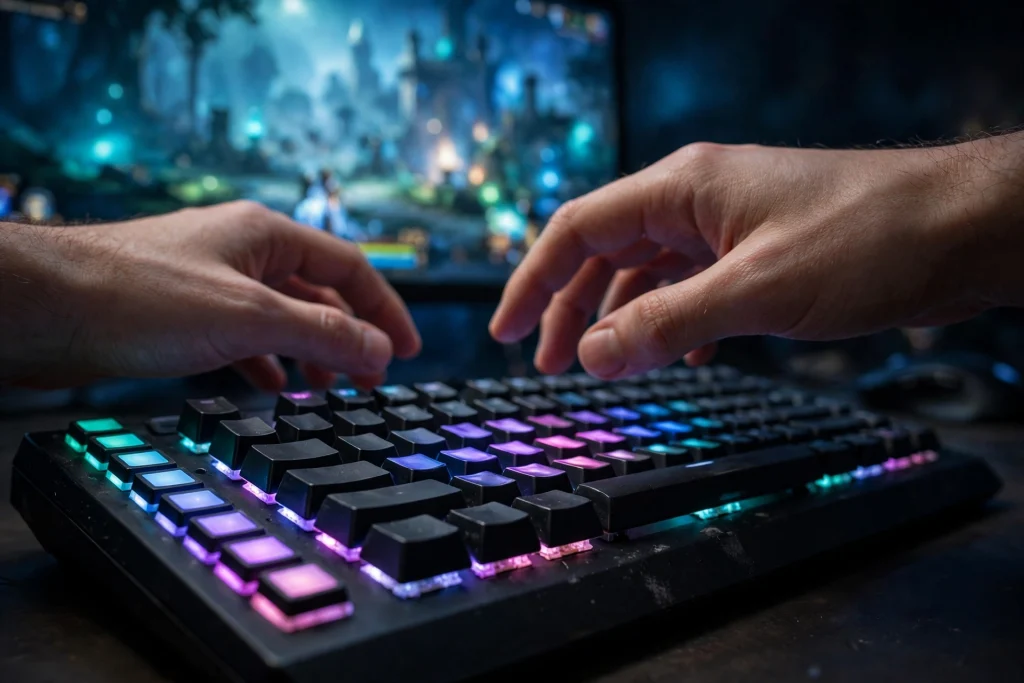 MMO gaming keyboard with extra programmable macro keys glowing under RGB light during gameplay