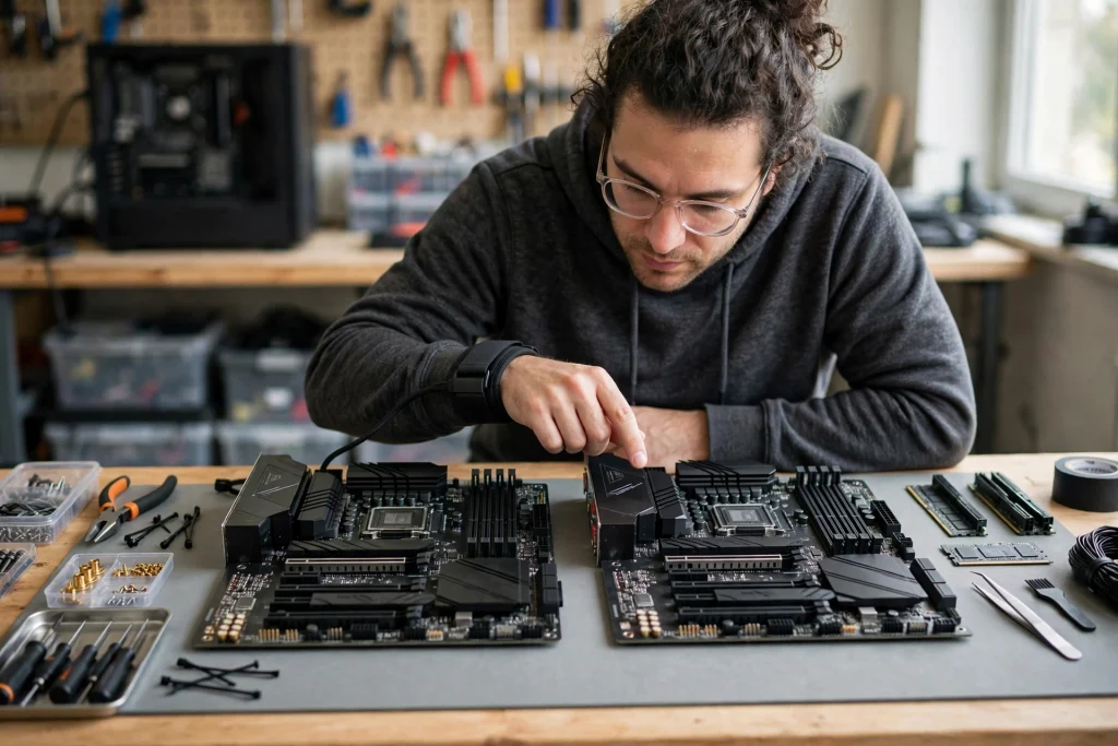 A PC builder comparing two boards on a workbench while learning how to choose the best motherboard for gaming performance.