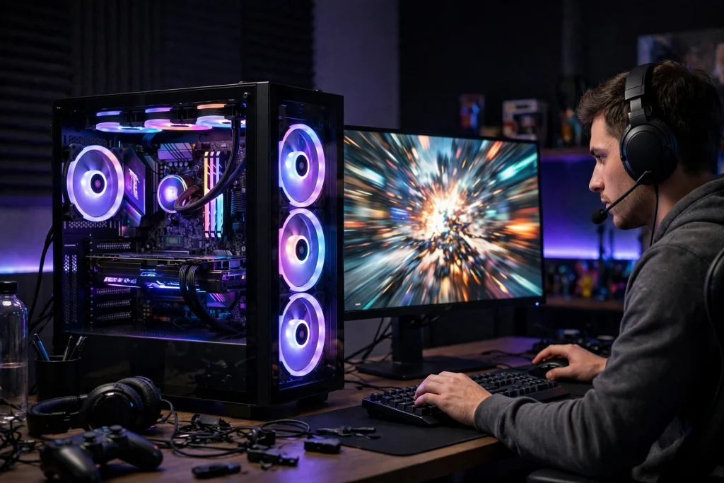 A gamer enjoying smooth gameplay beside a high-end PC showing how different motherboards affect gaming performance.