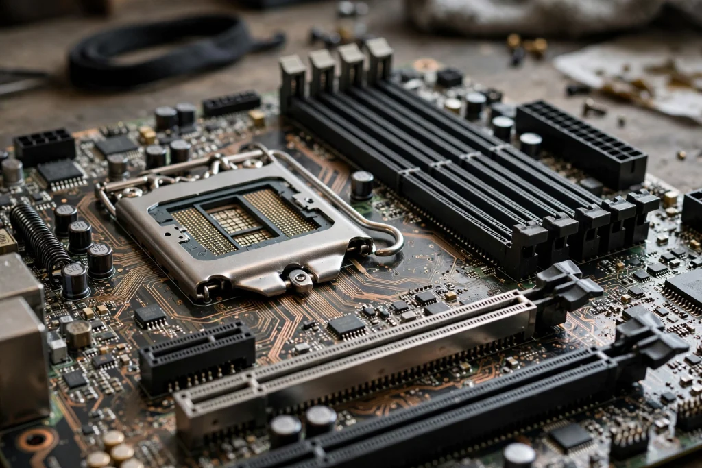 A detailed close-up of a motherboard showing what a motherboard does as it connects the CPU, RAM and other components together.
